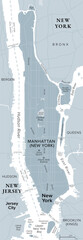 Manhattan, United States, gray political map. Most densely populated and geographically smallest of five boroughs of New York City, coextensive with New York County, in U.S. state of New York. Vector