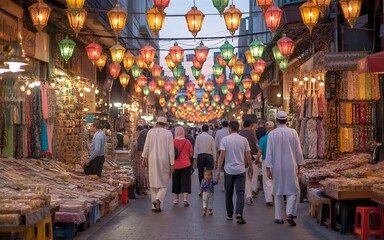 Obraz premium Vibrant street market scene with colorful lanterns and diverse crowd walking through a bustling alleyway filled with various goods and textiles on display