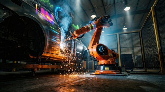 Robot welding car body in automotive factory with sparks and smoke