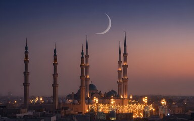 Fototapeta premium A serene mosque at dusk with illuminated minarets and a crescent moon in the sky isolated on white background