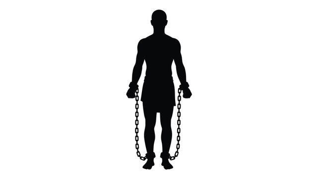 A silhouetted figure stands with chained wrists and ankles symbolizing captivity