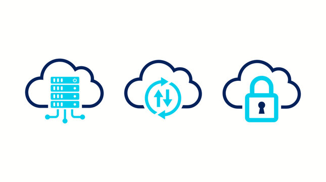 Cloud computing technology network icon set showing data storage sync and secure server vector illustration