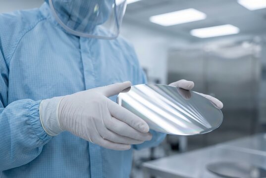 Engineer holding silicon wafer in cleanroom with protective gloves and suit