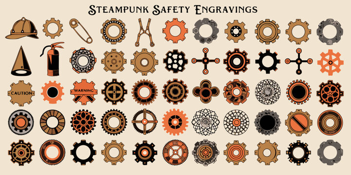 A collection of steampunk safety engravings featuring various gears, cogs, and industrial icons in a vintage style.