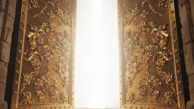 Ornate golden doors with floral patterns for commercial backgrounds, digital design, and advertising