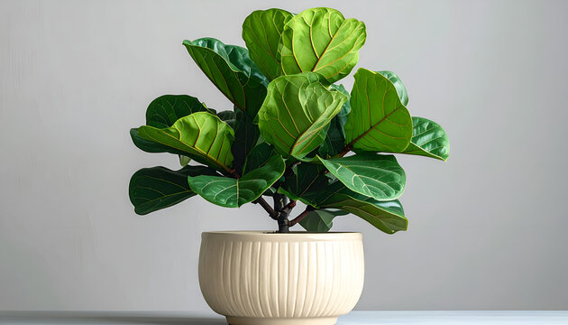 A vibrant fiddle leaf fig tree flourishes in a textured ceramic pot against a neutral backdrop.
