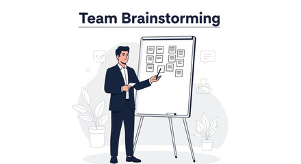 Fototapeta premium Business man presenting ideas on whiteboard during team brainstorming session