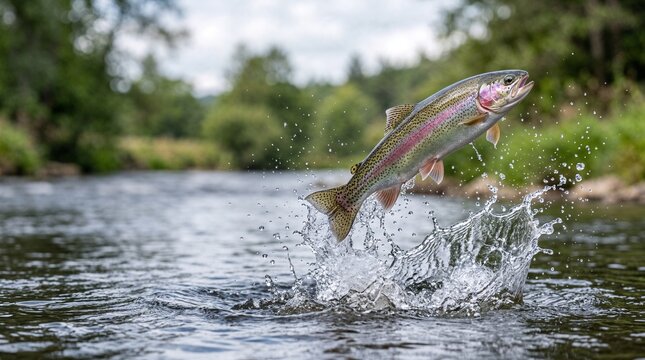 Rainbow trout jumping out of river.