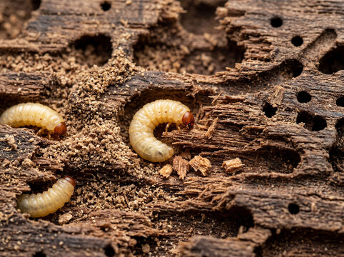Wood boring insect larvae consuming textured wooden structure close up