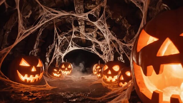 Spooky Halloween Pumpkin Patch with Cobwebs and Glowing Lights.