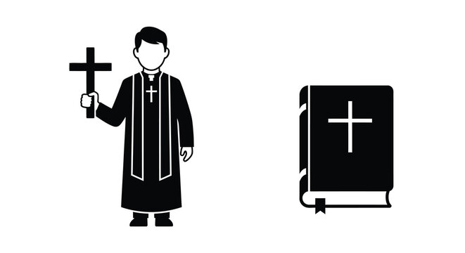 A stylized depiction of a priest with a cross and a religious book