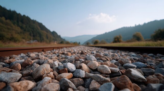 A peaceful railroad journey view looking down the tracks laid over natural gravel ballast toward distant rolling hills under a clear sky