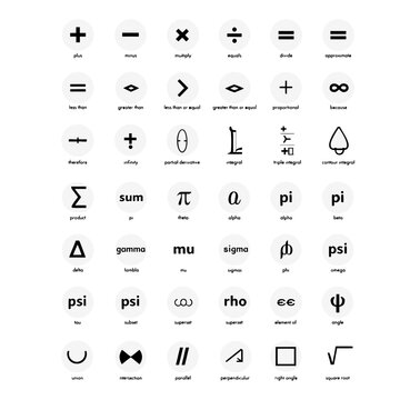 A set of mathematical symbols and icons in a flat, minimalist design style