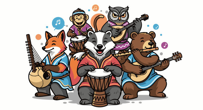 A whimsical woodland band plays diverse instruments