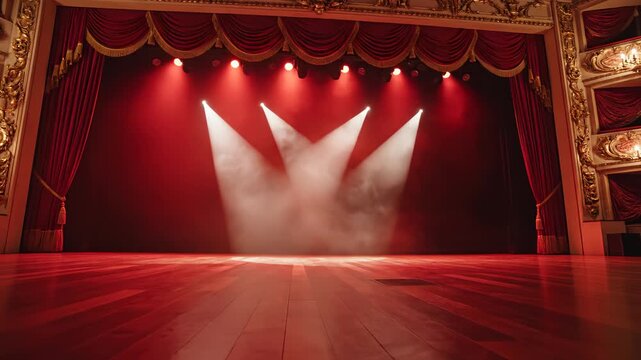 Theater stage with red curtains and spotlights for commercial advertising, marketing campaigns, and creative projects