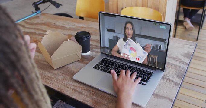 Laptop is showing host using color wheel and explaining, as client eating pastry, typing at table