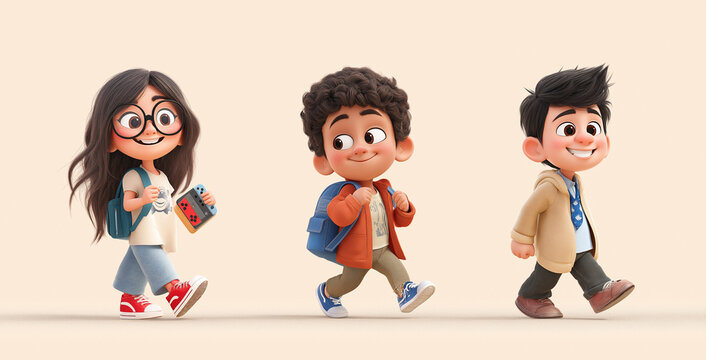 -3d illustration of three cute cartoon characters an asian girl with long hair in a school uniform and glasses is smiling happily while walking forward; two boys, one with short black curly hair weari