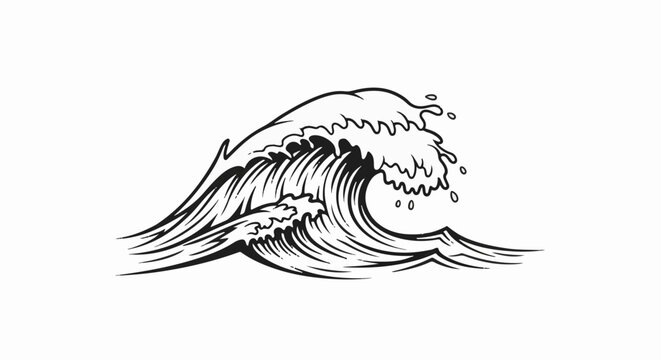 A stylized black and white sketch of a crashing ocean wave