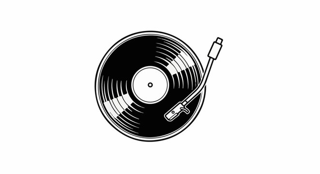 A stylized black and white graphic of a vinyl record on a turntable