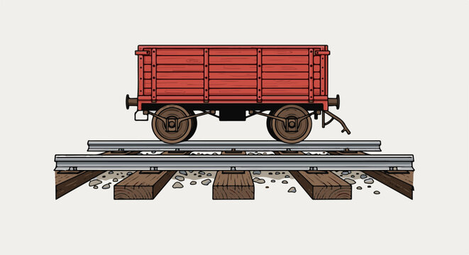 A vintage red freight car rests on a railway track with wooden sleepers