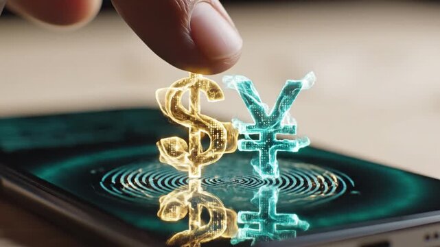 Secure Biometric Mobile Banking and Global Forex Trading, Finger Tap Unlocking Holographic Dollar and Yen on Smartphone