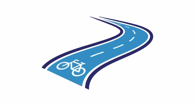 A stylized blue bike path curves to the right with white lane dividers