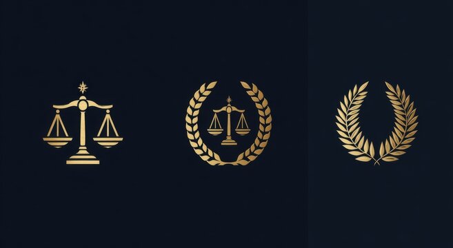 Set of three elegant gold legal scales logos featuring classic justice symbols with laurel wreaths and balanced weights on dark backgrounds