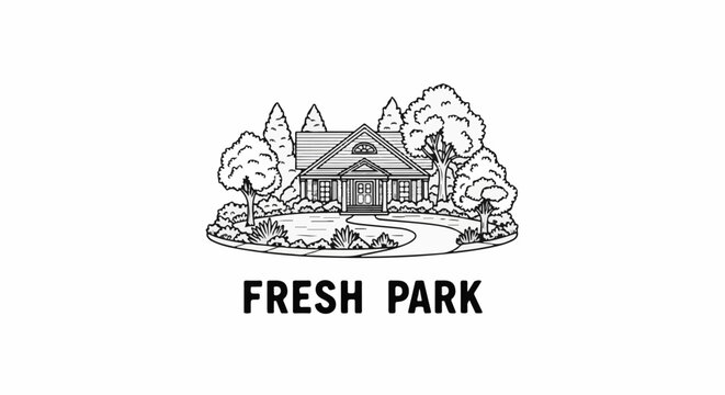 A whimsical black and white drawing of a house surrounded by lush trees and bushes
