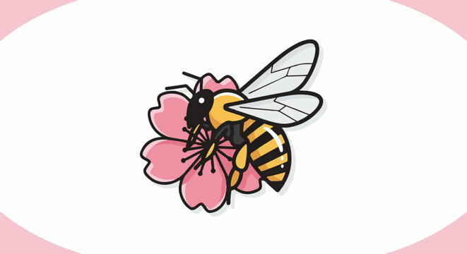 A stylized bee with black and yellow stripes pollinates a pink flower
