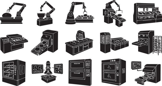 Industrial robotic arms and machinery in factory settings