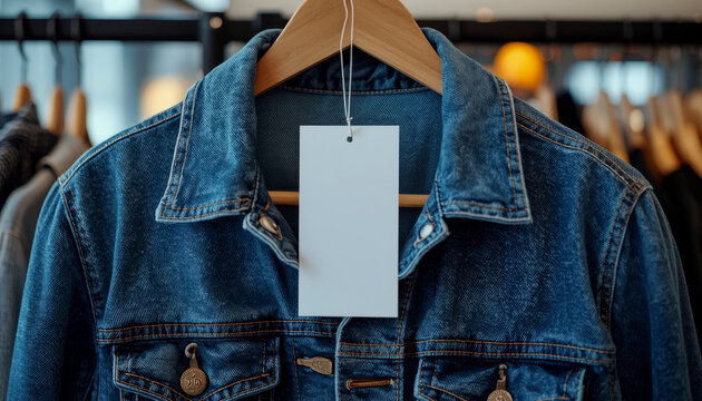 Denim jacket hangs on a wooden hanger with a blank rectangular retail price tag attached by a thin string, creating a versatile mockup for fashion brand identity and clothing store marketing.
