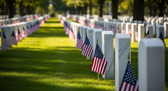 Solemn memorial day remembrance rows of white headstones adorned with american flags at arlington national cemetery