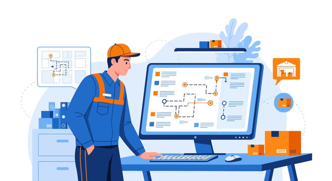 Man in uniform looking at computer screen with schematic diagram.