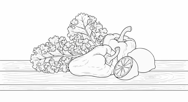 A stylized line drawing of fresh vegetables including bell peppers, kale, and lemons on wooden planks