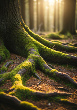 Beautiful thick tree roots covered in vibrant green moss glowing under warm morning forest sunlight.