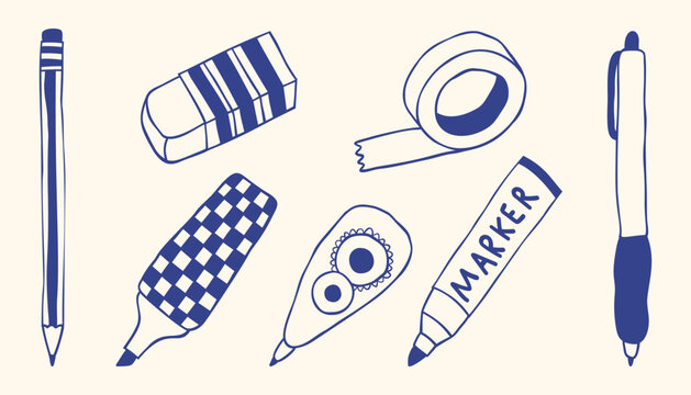 Minimal hand drawn stationery set with pencil, eraser, tape, pen, marker, and correction tape. Clean blue line style, ideal for school, office, and creative design use.