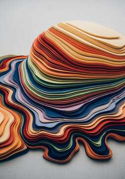An abstract colorful sculpture featuring waves of meticulously layered paper sheets creating a vibrant landscape.