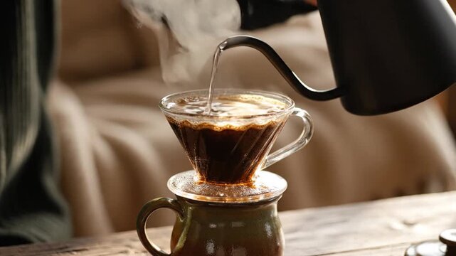 Hand pouring water into coffee dripper for brewing.