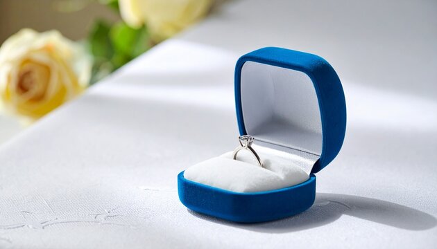 白いテーブルの上に、ケースに入ったダイヤモンドの指輪が置かれている。
ダイヤの輝きが光を受けて反射し、上品で高級感のある印象を与える。
背景はシンプルで清潔感があり、指輪の存在感を引き立てる構図。
婚約や記念日、愛情や成功を象徴するイメージに適している。