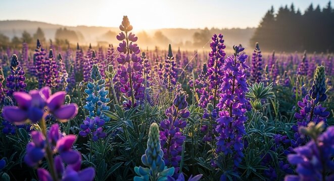 Field of lupine flowers at sunrise