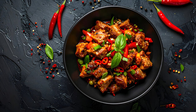 A vibrant overhead shot showcases a bowl of spicy, glazed pork with chili peppers and fresh basil.