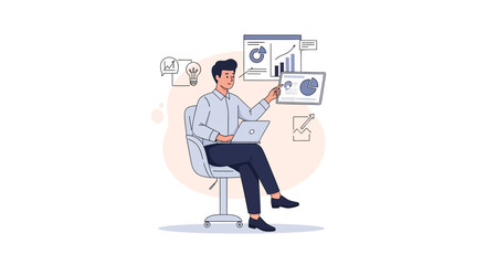 Obraz premium Man Analyzing Data and Charts on Laptop, Business Growth Concept