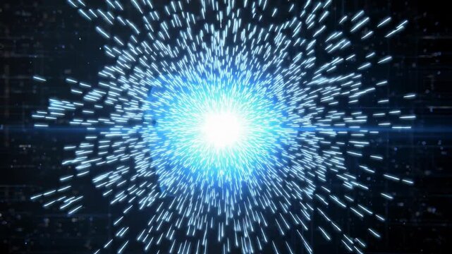 Futuristic digital human face dissolving into particles with a glowing energy beam, symbolizing artificial intelligence, data processing, virtual reality, and advanced technology.