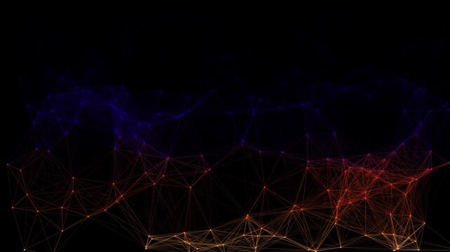 Luminous network of connected nodes and lines in blue and orange gradient representing neural pathways and data connectivity for technology