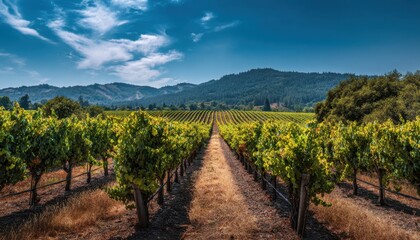 Obraz premium Vineyard rows with grape vines in a rolling countryside landscape under a blue sky
