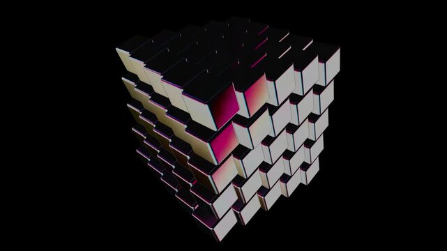 Abstract 3D cube structure with blue and pink metallic lighting effect representing artificial intelligence processing and advanced neural network deep learning systems
