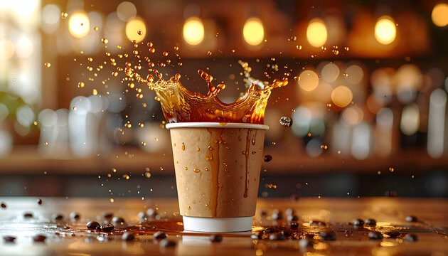 A close-up shot captures a coffee cup overflowing with a dynamic splash, surrounded by scattered coffee beans against a blurred background of warm lights.