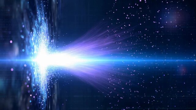 Futuristic digital human face dissolving into particles with a glowing energy beam, symbolizing artificial intelligence, data processing, virtual reality, and advanced technology.