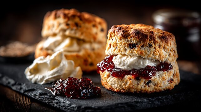 Delicious freshly baked traditional English scones served with thick clotted cream and sweet strawberry jam on a rustic dark slate board for afternoon tea
