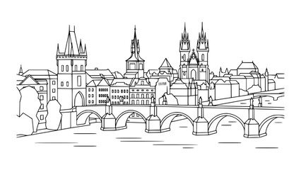 Fototapeta premium Prague Old Town Skyline Line Art. Charles Bridge Castle Vector Illustration